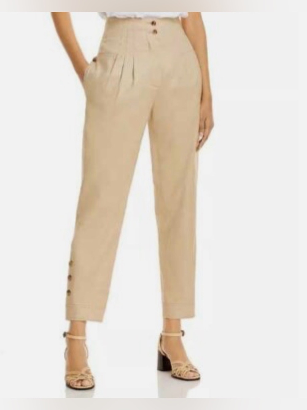 Alberta Ferretti Beige High-Waist Tapered Ankle Pants with Button Cuff